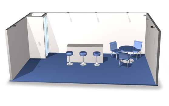 Basic blank fair stand with chairs and table, add your own design