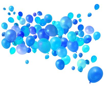 Blue birthday party balloons flying on white background