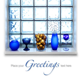 Blue Christmas arrangement in front of glass tile window
