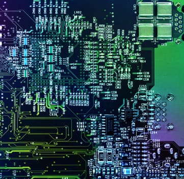 Computer hardware components motherboard circuit close-up