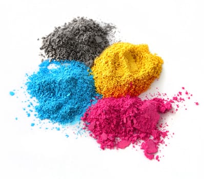 Color chalk powder cyan magenta yellow black isolated on white background