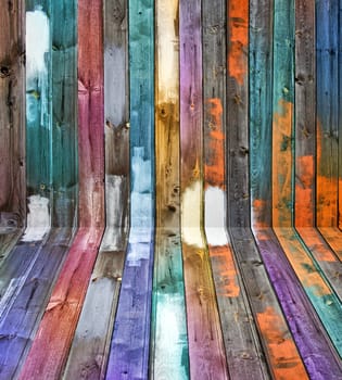 Weathered old wooden floor and wall color panels perspective