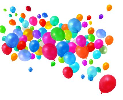 Colorful birthday party balloons flying on white background