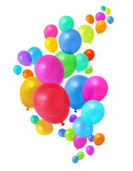 Colorful birthday party balloons flying on white background