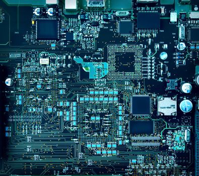 Inside computer, hardware motherboard components and circuits