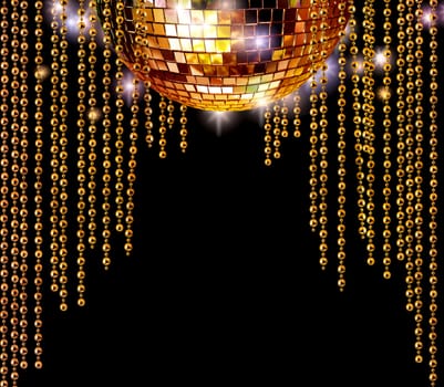 Golden disco mirror ball and glitter curtains on dark background