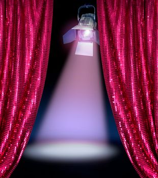 Disco curtains reveal show stage spotlight lamp dark background