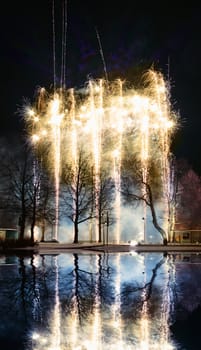 Fireworks display over water and against park trees silhouette