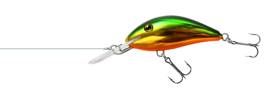 Gold-green fishing lure wobbler isolated on white background