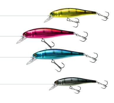 Cmyk color fishing lure wobblers isolated on white background