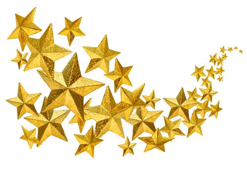 Golden Christmas decoration stars flow isolated on white background