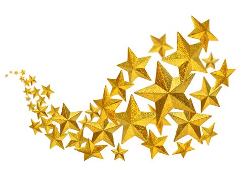 Golden Christmas decoration stars flow isolated on white background