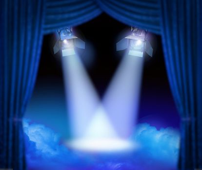 Dramatic theatre stage with spotlights beams and color smoke