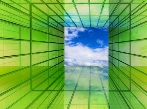 Green perspective imagination hallway window to bright clean future sky