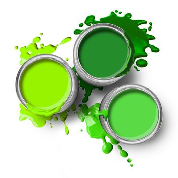 Green paint cans with splashes on white background