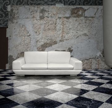 Grunge plaster wall white sofa checkered marble floor