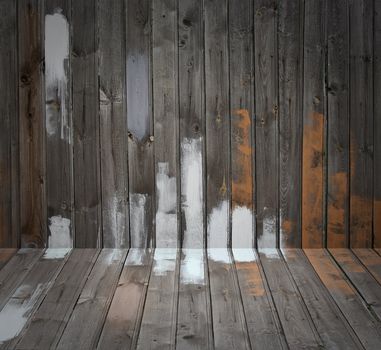 Weathered wood grunge floor and wall with paint stains