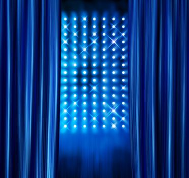 Blue satin curtains reveal professional stage spotlight lamps wall