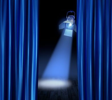 Blue satin curtains reveal professional stage spotlight lamp beam