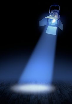 Professional stage spotlight lamp beam  glowing on dark background