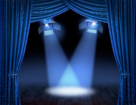 Blue theatre stage curtains with spotlights beams