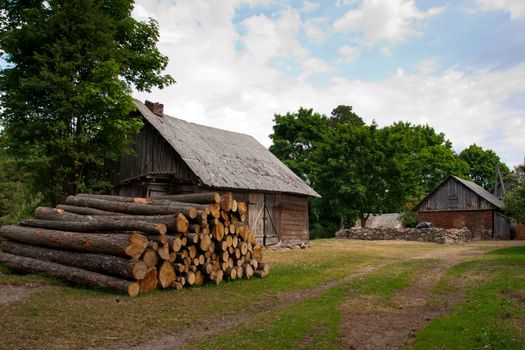 rural landscape with barn,pile of logs and road