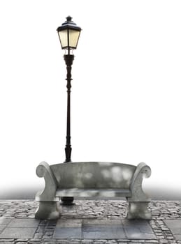 Marble bench seat and streetlight on stone paving, partly isolated