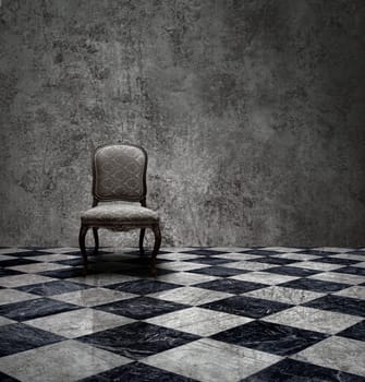 Antique chair in rough patina silver wall and checkered marble floor room