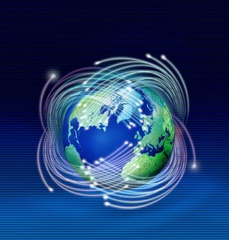 Optical fibres speeding around planet Earth, dark blue background