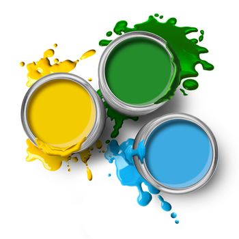 Green blue yellow color paint cans with splashes on white background
