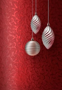 Silver Christmas decoration on vivid red brocade fabric pattern background