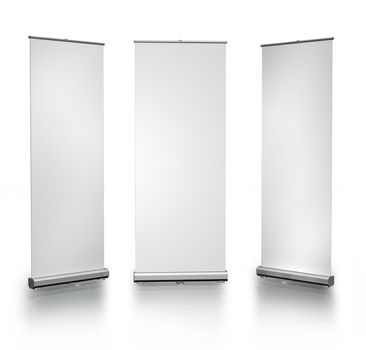Three blank roll-up posters on white background