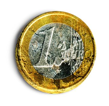 One euro coin in bad condition isolated on white background