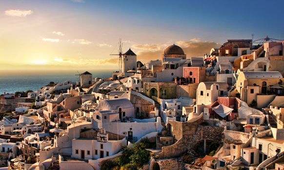 Beautiful evening dusk in Oia village Santorini island Greece