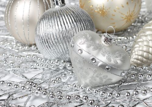 Silver Christmas decoration heart, pearls, cone and balls