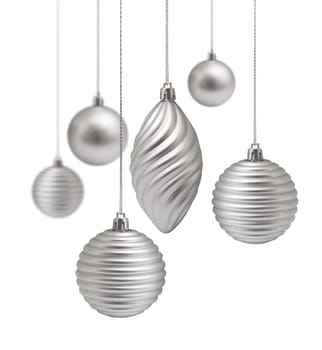 Silver Christmas decoration set hanging on white background isolated