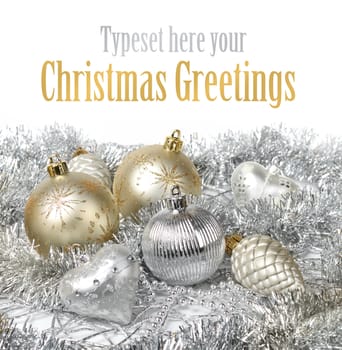 Silver and gold Christmas decoration balls on white background