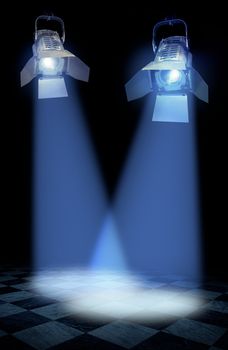 Professional stage spotlight lamps beams on black background
