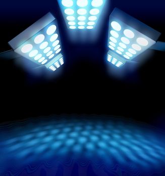 Stadium style premiere lights illuminating blue surface on dark background