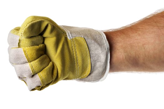 Strong male worker hand glove clenching fist