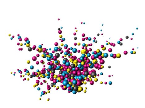 Cmyk colors atom nanoparticles exploding on white background isolated