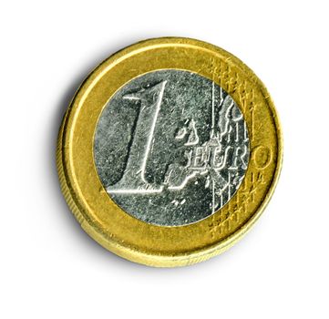 Used one euro coin isolated on white background, soft drop shadow