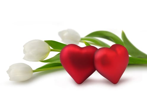 Two red Valentine hearts with white tulip flowers