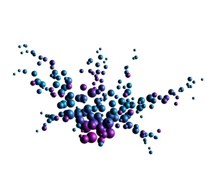 Blue and lilac atom nanoparticles exploding on white background isolated