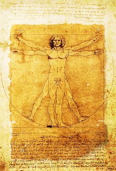 Leonardo's Vitruvian Man on an old rugged parchment document