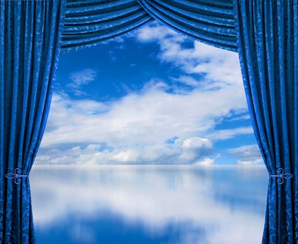 Blue curtains reveal perfect clean air cloudscape environment