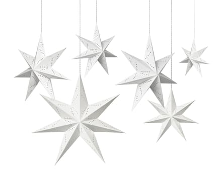 White Christmas decoration paper stars hanging isolated on white background