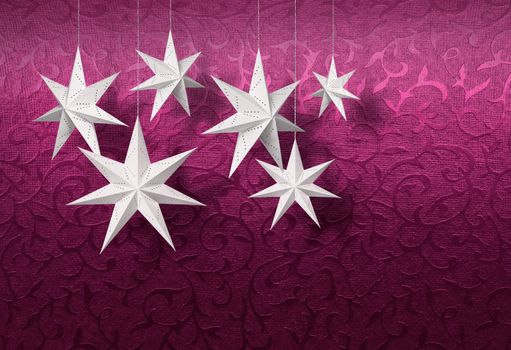 White paper stars on purple Christmas brocade pattern background