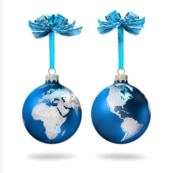 Blue Christmas glass balls with silver world continents decoration, on white background