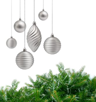 Silver Christmas decoration and spruce branches on white background